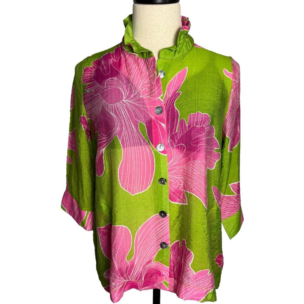 Terra SJ Apparel Women's Floral Short Sleeve Blouse, Sz S, Pink & Green, Pockets
